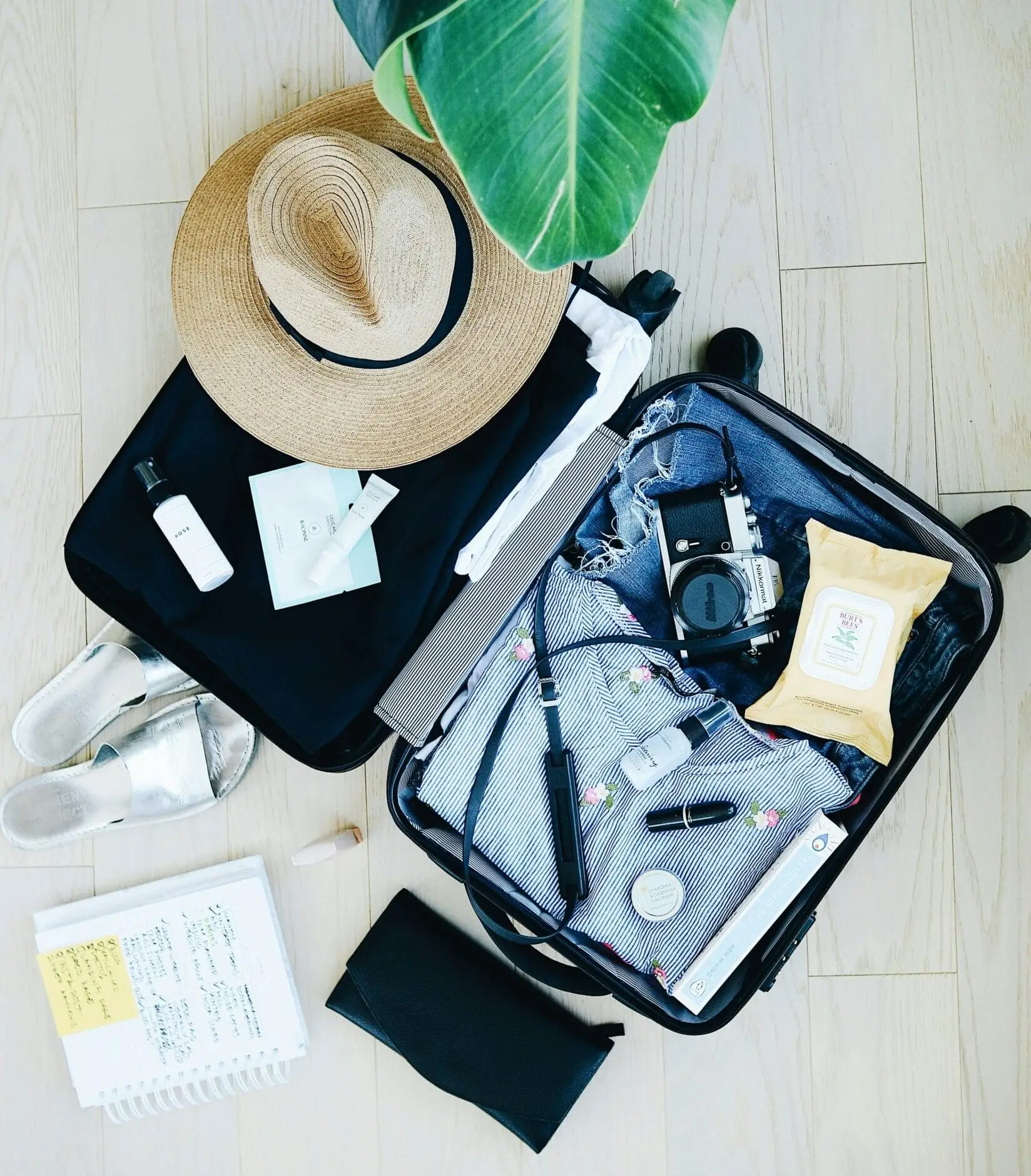brown hat on a suitcase filled with travel items.